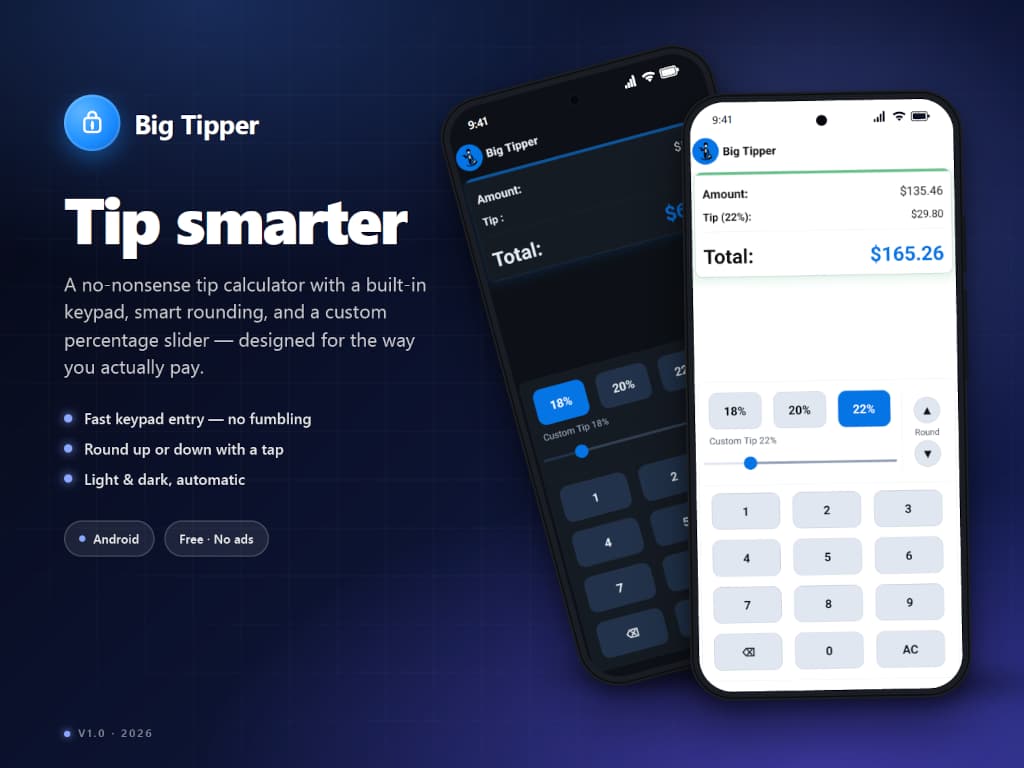 BigTipper app screenshot — tip calculator on phone