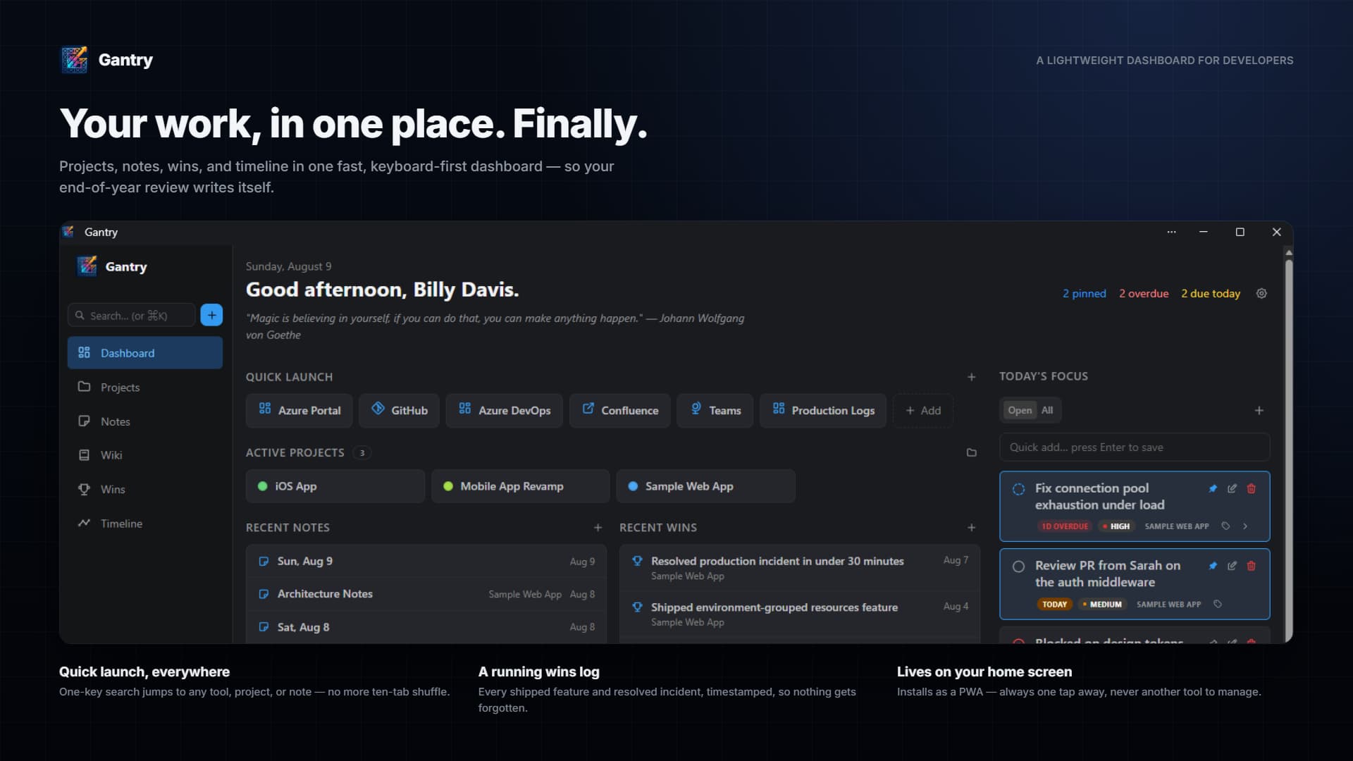 Gantry dashboard screenshot — project and todo overview